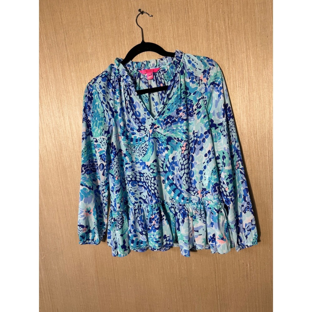 Lilly‎ Pulitzer Blue Print Long Sleeve Ruffle Hem Blouse Top Womens